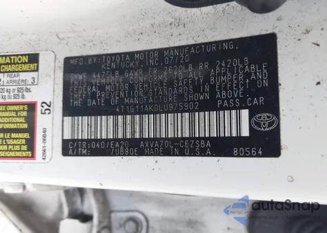 2020 Toyota Camry Se z USA, uszkodzony, nr VIN 4T1G11AK0LU975902